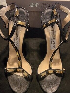 Jimmy Choo Black Leather T-Strap Sandals with Gold Hardware